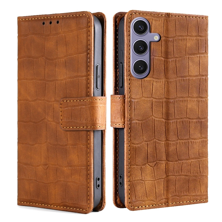 For Samsung Galaxy S25+ 5G Skin Feel Crocodile Magnetic Clasp Leather Phone Case(Brown) - Galaxy S25+ 5G Tempered Glass by PMC Jewellery | Online Shopping South Africa | PMC Jewellery | Buy Now Pay Later Mobicred