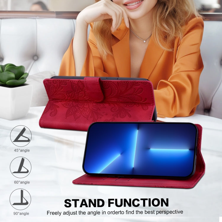 For Samsung Galaxy S25 Ultra 5G Lace Floral Embossed Magnetic Buckle PU Phone Case With Wrist Strap(Red) - Galaxy S25 Ultra 5G Cases by PMC Jewellery | Online Shopping South Africa | PMC Jewellery | Buy Now Pay Later Mobicred