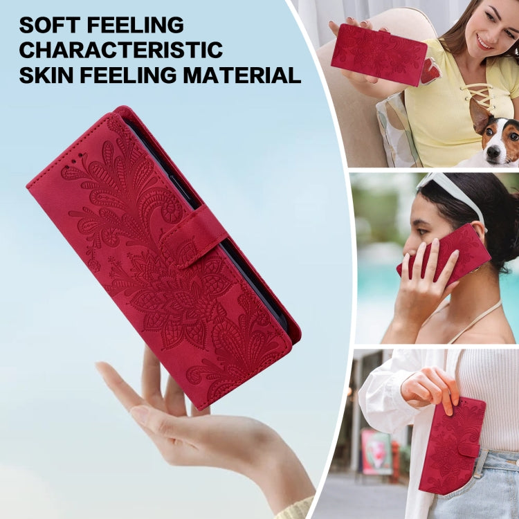 For Samsung Galaxy S25 Ultra 5G Lace Floral Embossed Magnetic Buckle PU Phone Case With Wrist Strap(Red) - Galaxy S25 Ultra 5G Cases by PMC Jewellery | Online Shopping South Africa | PMC Jewellery | Buy Now Pay Later Mobicred