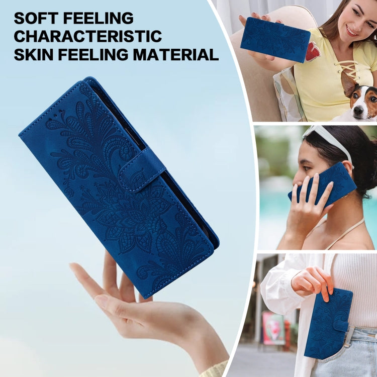 For Samsung Galaxy S25 Ultra 5G Lace Floral Embossed Magnetic Buckle PU Phone Case With Wrist Strap(Blue) - Galaxy S25 Ultra 5G Cases by PMC Jewellery | Online Shopping South Africa | PMC Jewellery | Buy Now Pay Later Mobicred