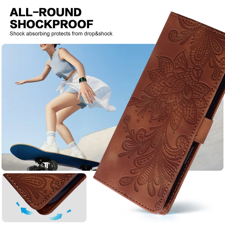 For Samsung Galaxy S25+ 5G Lace Floral Embossed Magnetic Buckle PU Phone Case With Wrist Strap(Brown) - Galaxy S25+ 5G Cases by PMC Jewellery | Online Shopping South Africa | PMC Jewellery | Buy Now Pay Later Mobicred