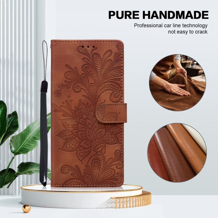 For Samsung Galaxy S25 5G Lace Floral Embossed Magnetic Buckle PU Phone Case With Wrist Strap(Brown) - Galaxy S25 5G Cases by PMC Jewellery | Online Shopping South Africa | PMC Jewellery | Buy Now Pay Later Mobicred