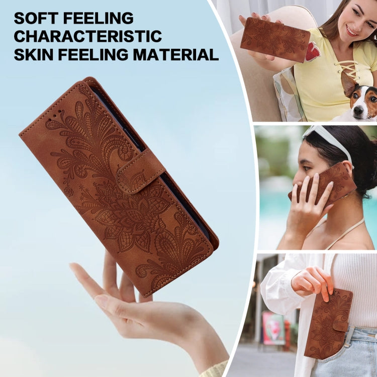 For Samsung Galaxy S25 5G Lace Floral Embossed Magnetic Buckle PU Phone Case With Wrist Strap(Brown) - Galaxy S25 5G Cases by PMC Jewellery | Online Shopping South Africa | PMC Jewellery | Buy Now Pay Later Mobicred