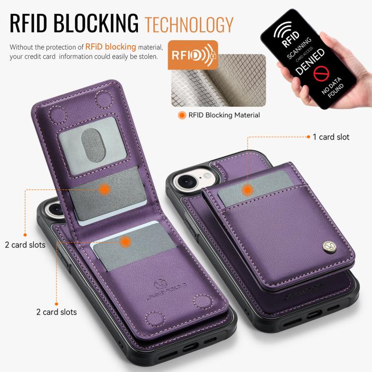 For iPhone 16e JEEHOOD J06 British Style RFID MagSafe Card Bag PU Phone Case(Purple) - free shipping - PMc TechLife - Order now!
