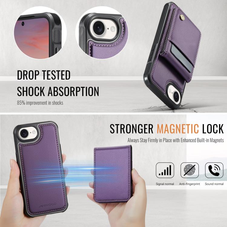 For iPhone 16e JEEHOOD J06 British Style RFID MagSafe Card Bag PU Phone Case(Purple) - free shipping - PMc TechLife - Order now!