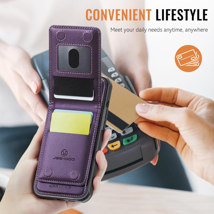For iPhone 16e JEEHOOD J06 British Style RFID MagSafe Card Bag PU Phone Case(Purple) - free shipping - PMc TechLife - Order now!