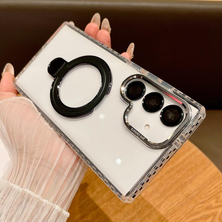 For Samsung Galaxy S25 5G Transparent MagSafe Holder Phone Case with Lens Film(Black) - Galaxy S25 5G Cases by PMC Jewellery | Online Shopping South Africa | PMC Jewellery | Buy Now Pay Later Mobicred