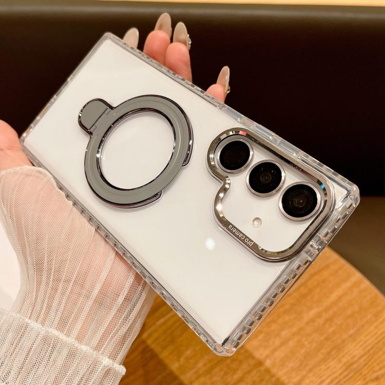 For Samsung Galaxy S25+ 5G Transparent MagSafe Holder Phone Case with Lens Film(Grey) - Galaxy S25+ 5G Cases by PMC Jewellery | Online Shopping South Africa | PMC Jewellery | Buy Now Pay Later Mobicred