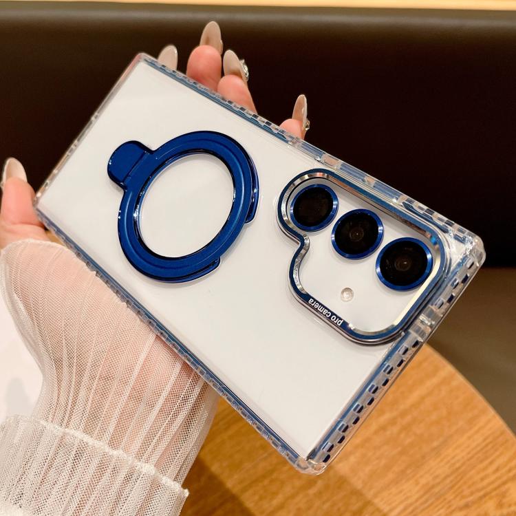 For Samsung Galaxy S25+ 5G Transparent MagSafe Holder Phone Case with Lens Film(Blue) - Galaxy S25+ 5G Cases by PMC Jewellery | Online Shopping South Africa | PMC Jewellery | Buy Now Pay Later Mobicred