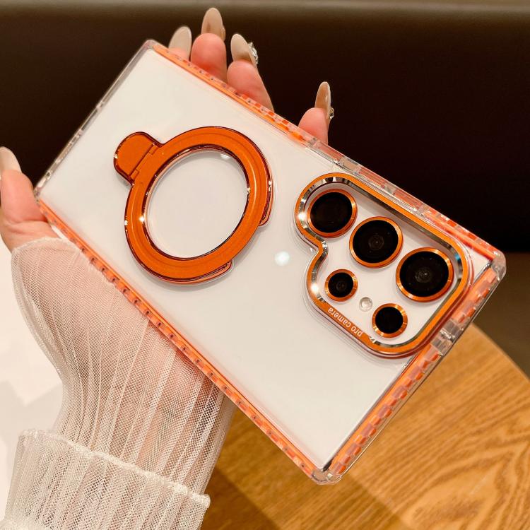 For Samsung Galaxy S25 Ultra 5G Transparent MagSafe Holder Phone Case with Lens Film(Orange) - Galaxy S25 Ultra 5G Cases by PMC Jewellery | Online Shopping South Africa | PMC Jewellery | Buy Now Pay Later Mobicred