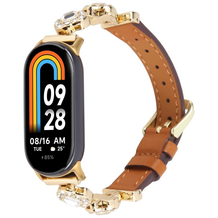 For Xiaomi Smart Band 9 / 8 Metal Diamond Leather Bracelet Watch Band(Gold Brown) - free shipping - PMc TechLife - Order now!