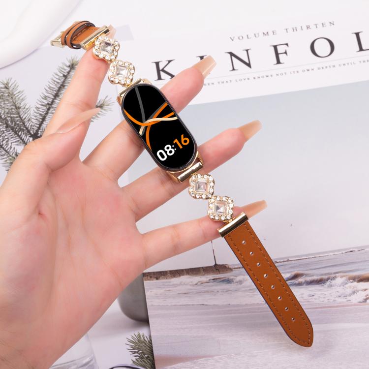 For Xiaomi Smart Band 9 / 8 Metal Diamond Leather Bracelet Watch Band(Gold Brown) - free shipping - PMc TechLife - Order now!