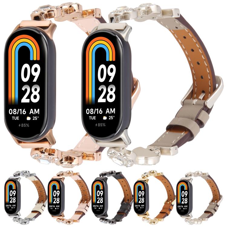 For Xiaomi Smart Band 9 / 8 Metal Diamond Leather Bracelet Watch Band(Black) - Watch Bands by PMc TechLife | Online Shopping South Africa | PMc TechLife | Buy Now Pay Later Mobicred