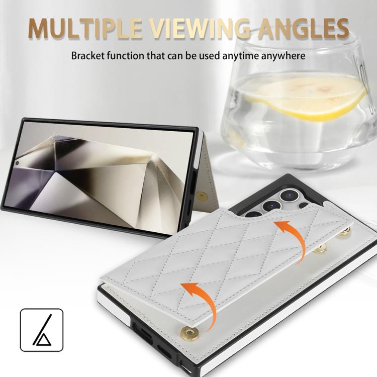 For Samsung Galaxy S25 Ultra 5G Rhombic Dual Buckle Card Slots Phone Case with Lanyard(White) - Galaxy S25 Ultra 5G Cases by PMC Jewellery | Online Shopping South Africa | PMC Jewellery | Buy Now Pay Later Mobicred