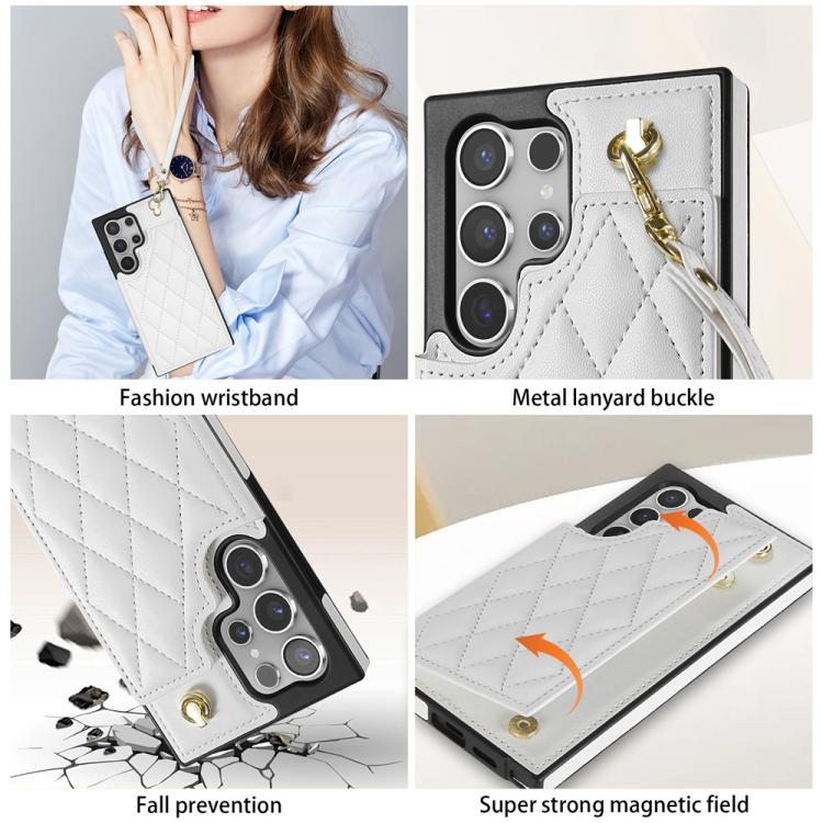 For Samsung Galaxy S25 Ultra 5G Rhombic Dual Buckle Card Slots Phone Case with Lanyard(White) - Galaxy S25 Ultra 5G Cases by PMC Jewellery | Online Shopping South Africa | PMC Jewellery | Buy Now Pay Later Mobicred