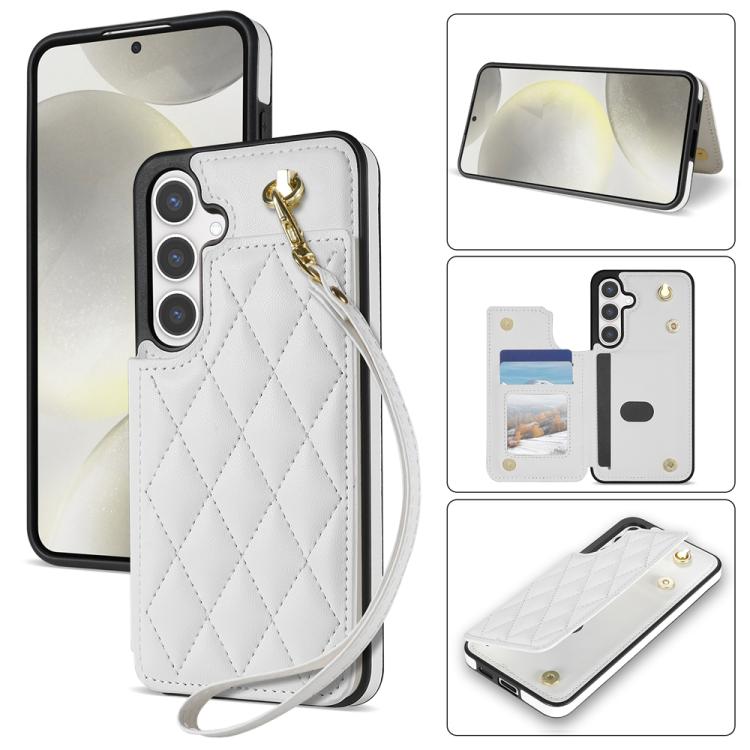 For Samsung Galaxy S25+ 5G Rhombic Dual Buckle Card Slots Phone Case with Lanyard(White) - Galaxy S25+ 5G Cases by PMC TechLife | Online Shopping South Africa | PMC TechLife | Buy Now Pay Later Mobicred