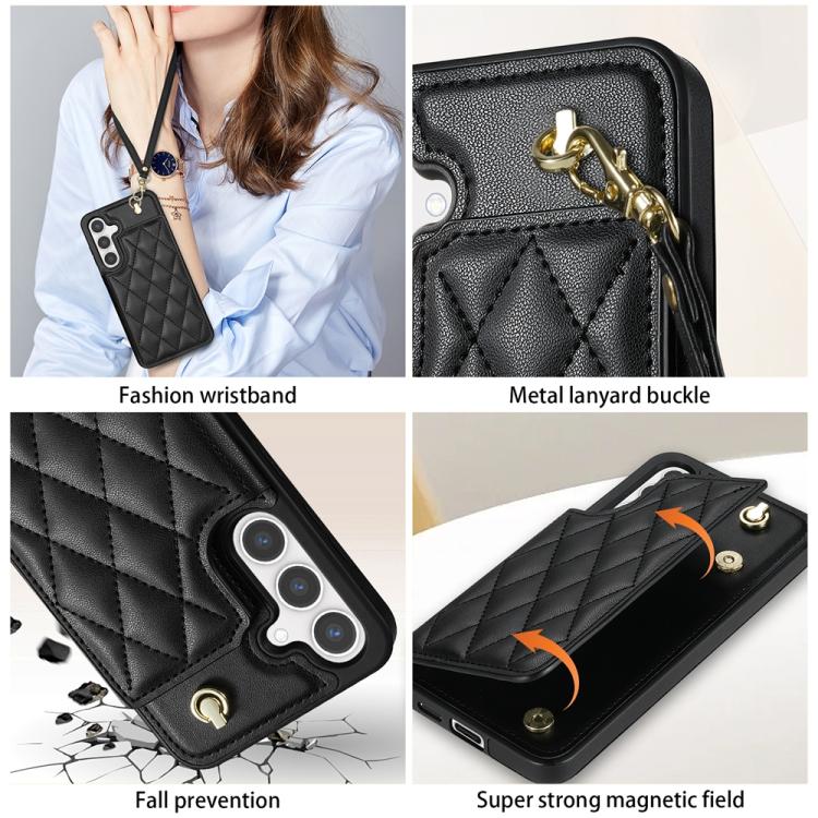 For Samsung Galaxy S25+ 5G Rhombic Dual Buckle Card Slots Phone Case with Lanyard(Black) - Galaxy S25+ 5G Cases by PMC Jewellery | Online Shopping South Africa | PMC Jewellery | Buy Now Pay Later Mobicred