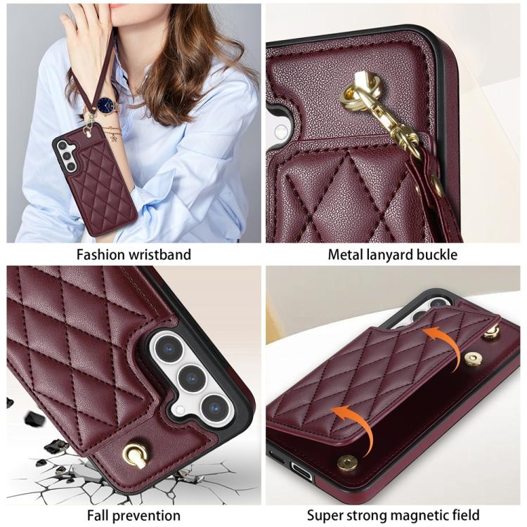 For Samsung Galaxy S25+ 5G Rhombic Dual Buckle Card Slots Phone Case with Lanyard(Wine Red) - Galaxy S25+ 5G Cases by PMC Jewellery | Online Shopping South Africa | PMC Jewellery | Buy Now Pay Later Mobicred