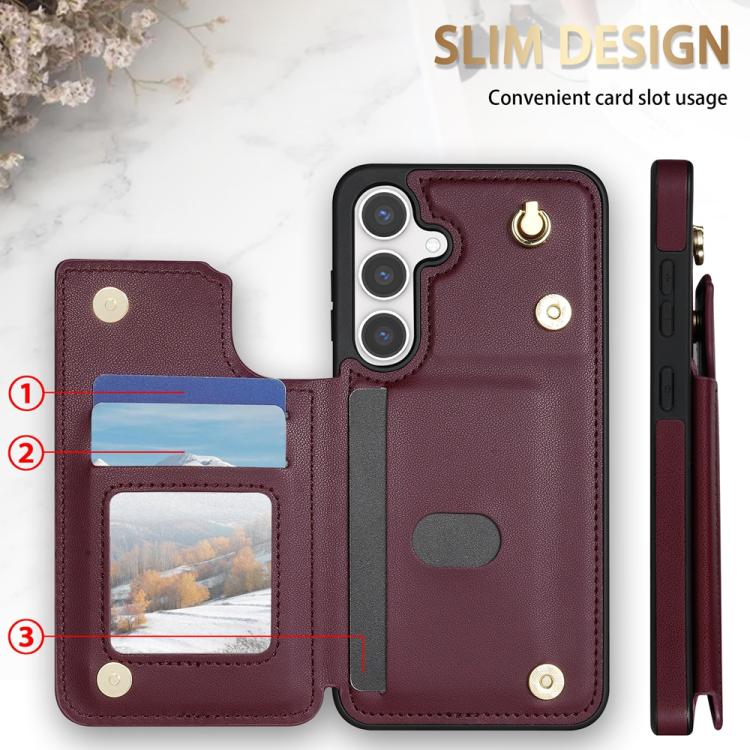 For Samsung Galaxy S25 5G Rhombic Dual Buckle Card Slots Phone Case with Lanyard(Wine Red) - Galaxy S25 5G Cases by PMC Jewellery | Online Shopping South Africa | PMC Jewellery | Buy Now Pay Later Mobicred
