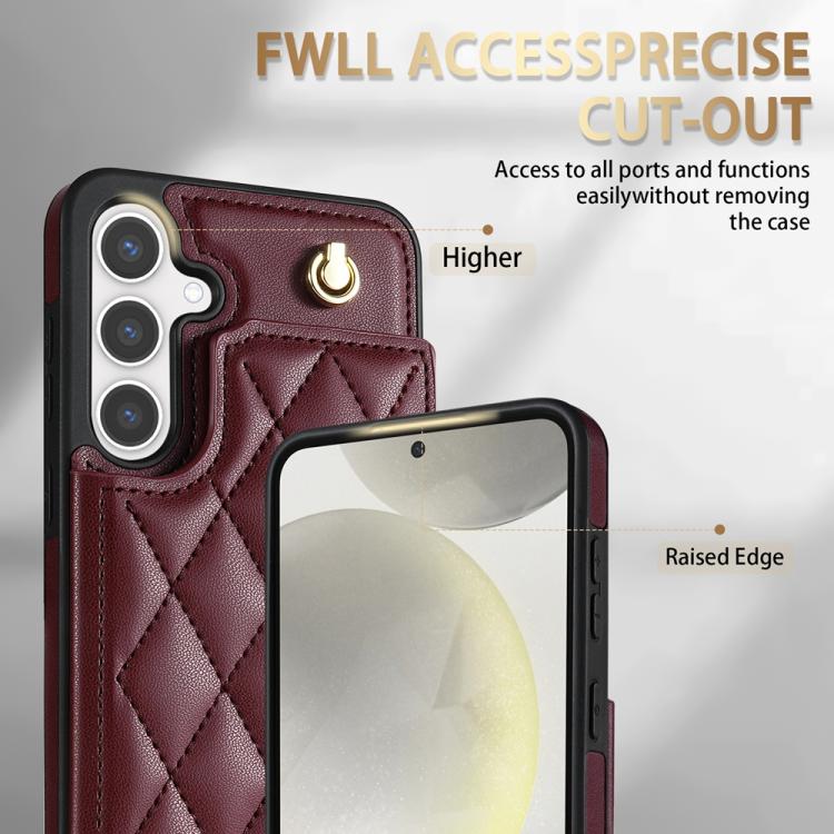 For Samsung Galaxy S25 5G Rhombic Dual Buckle Card Slots Phone Case with Lanyard(Wine Red) - Galaxy S25 5G Cases by PMC Jewellery | Online Shopping South Africa | PMC Jewellery | Buy Now Pay Later Mobicred