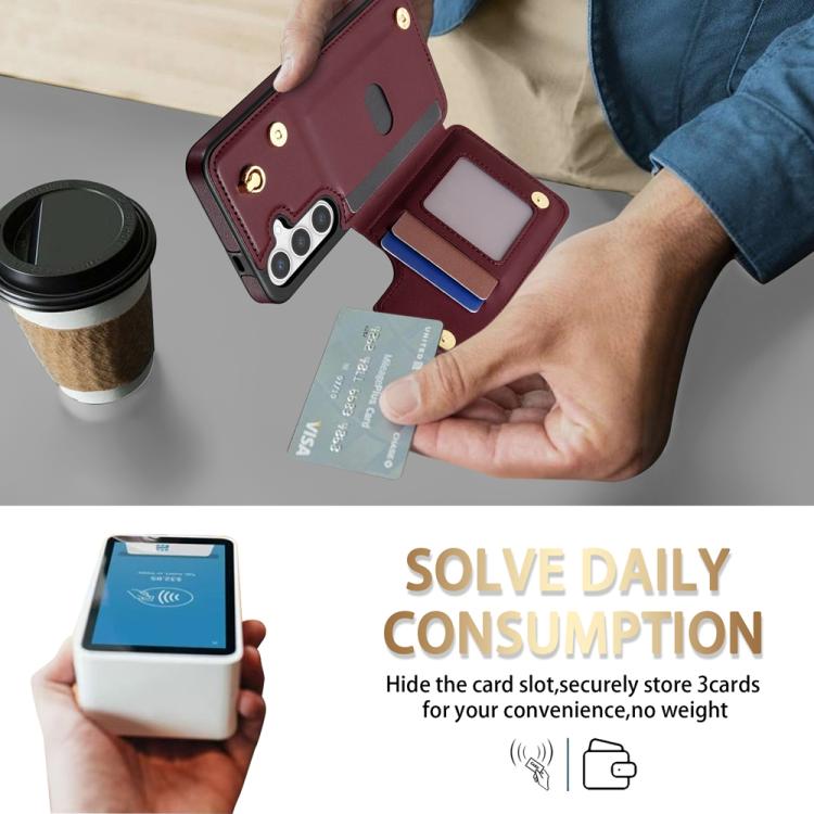 For Samsung Galaxy S25 5G Rhombic Dual Buckle Card Slots Phone Case with Lanyard(Wine Red) - Galaxy S25 5G Cases by PMC Jewellery | Online Shopping South Africa | PMC Jewellery | Buy Now Pay Later Mobicred