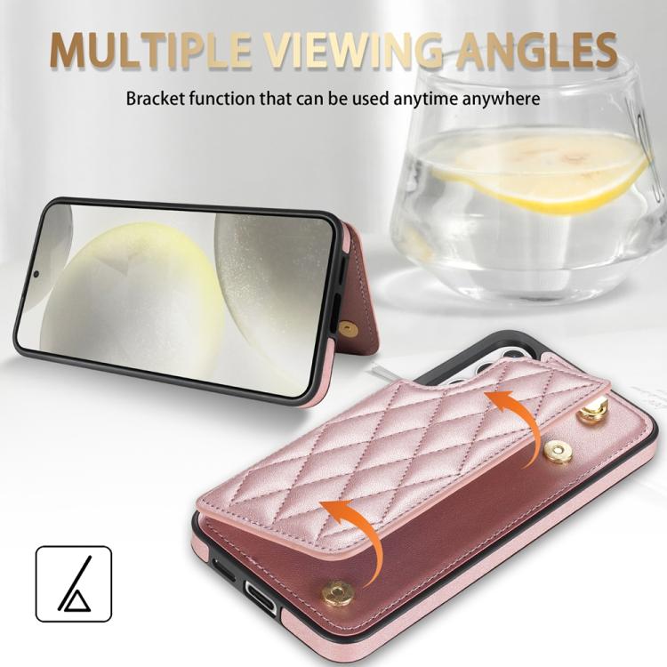 For Samsung Galaxy S25 5G Rhombic Dual Buckle Card Slots Phone Case with Lanyard(Rose Gold) - Galaxy S25 5G Cases by PMC Jewellery | Online Shopping South Africa | PMC Jewellery | Buy Now Pay Later Mobicred