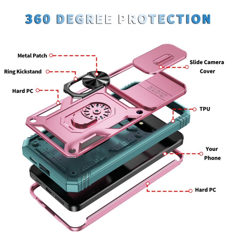 For Samsung Galaxy S25 5G Sliding Camshield TPU Hybrid PC Phone Case with Holder(Pink+Green) - Galaxy S25 5G Cases by PMC Jewellery | Online Shopping South Africa | PMC Jewellery | Buy Now Pay Later Mobicred