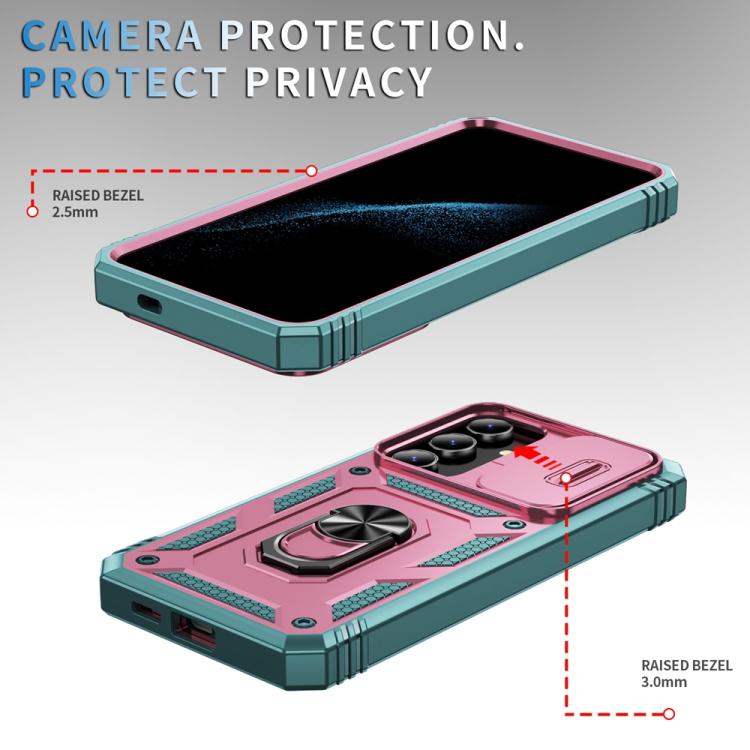 For Samsung Galaxy S25 5G Sliding Camshield TPU Hybrid PC Phone Case with Holder(Pink+Green) - Galaxy S25 5G Cases by PMC Jewellery | Online Shopping South Africa | PMC Jewellery | Buy Now Pay Later Mobicred