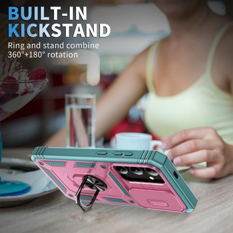 For Samsung Galaxy S25 5G Sliding Camshield TPU Hybrid PC Phone Case with Holder(Pink+Green) - Galaxy S25 5G Cases by PMC Jewellery | Online Shopping South Africa | PMC Jewellery | Buy Now Pay Later Mobicred