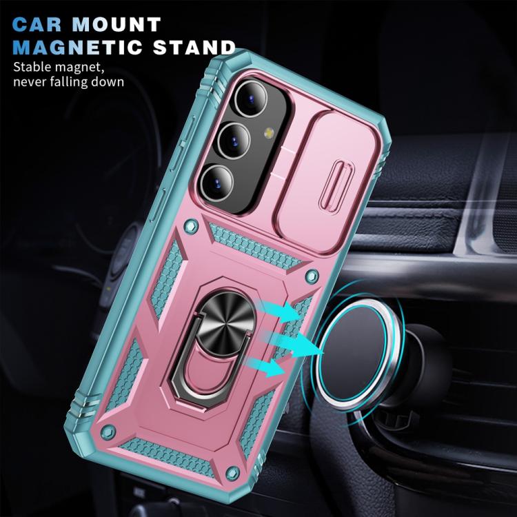 For Samsung Galaxy S25 5G Sliding Camshield TPU Hybrid PC Phone Case with Holder(Pink+Green) - Galaxy S25 5G Cases by PMC Jewellery | Online Shopping South Africa | PMC Jewellery | Buy Now Pay Later Mobicred