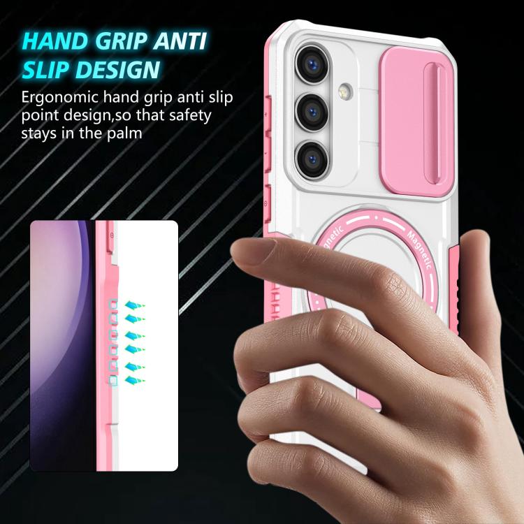 For Samsung Galaxy S25 5G Sliding Camshield MagSafe Holder TPU Hybrid PC Phone Case(Pink White) - Galaxy S25 5G Cases by PMC TechLife | Online Shopping South Africa | PMC TechLife | Buy Now Pay Later Mobicred