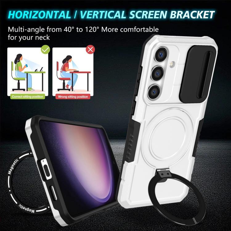 For Samsung Galaxy S25 5G Sliding Camshield MagSafe Holder TPU Hybrid PC Phone Case(Black White) - free shipping - PMC TechLife - Order now!