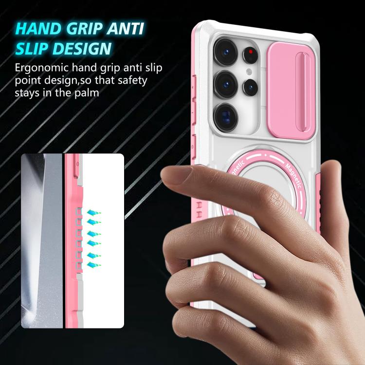 For Samsung Galaxy S25 Ultra 5G Sliding Camshield MagSafe Holder TPU Hybrid PC Phone Case(Pink White) - Galaxy S25 Ultra 5G Cases by PMC TechLife | Online Shopping South Africa | PMC TechLife | Buy Now Pay Later Mobicred