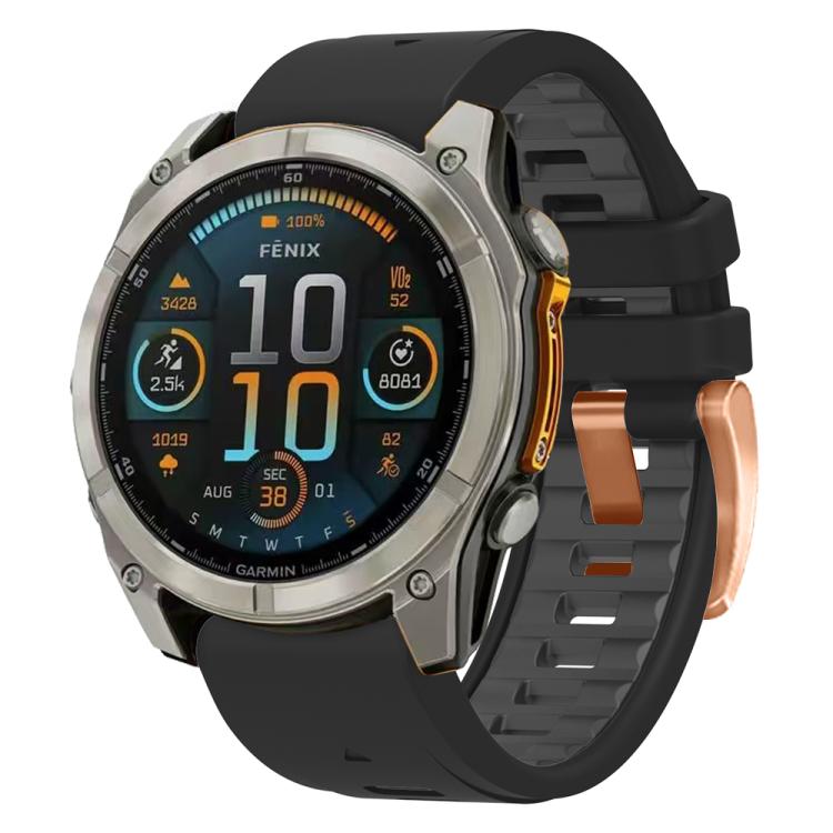 For Garmin Fenix 8 AMOLED 43mm Rose Gold Steel Buckle Quick Release Silicone Watch Band(Black Gray) - free shipping - PMC TechLife - Order now!