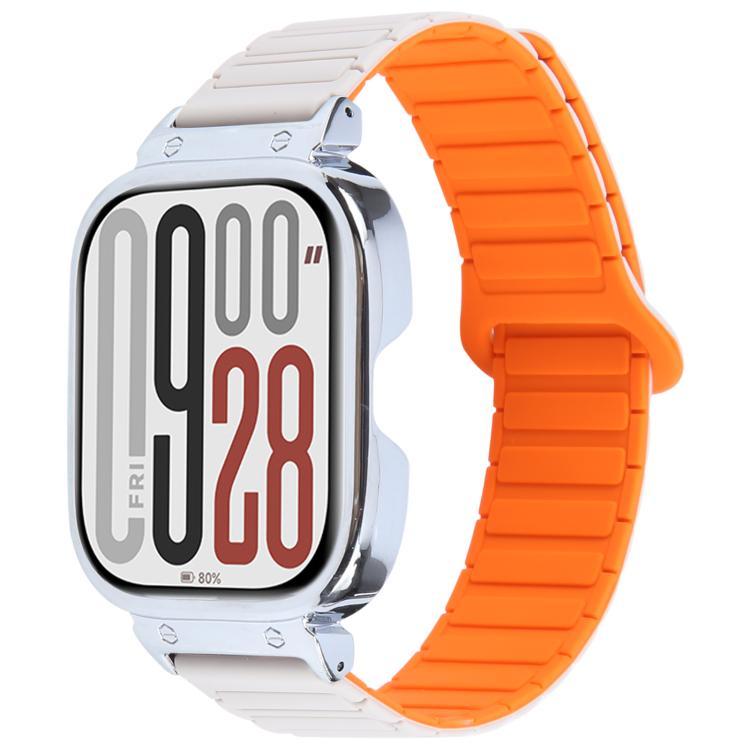 For Redmi Watch 5 / Watch 4 Metal Silver Frame Integrated I-shaped Magnetic Silicone Watch Band(White Orange) - free shipping - PMC TechLife - Order now!