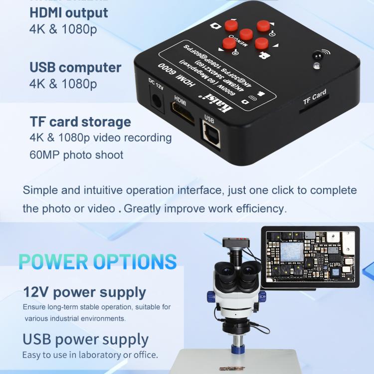 Kaisi HDMI 6000 HDMI / USB Dual Interface 60MP 4K Ultra HD Microscope Industrial Camera, Plug:US Plug - free shipping - PMC TechLife - Order now!
