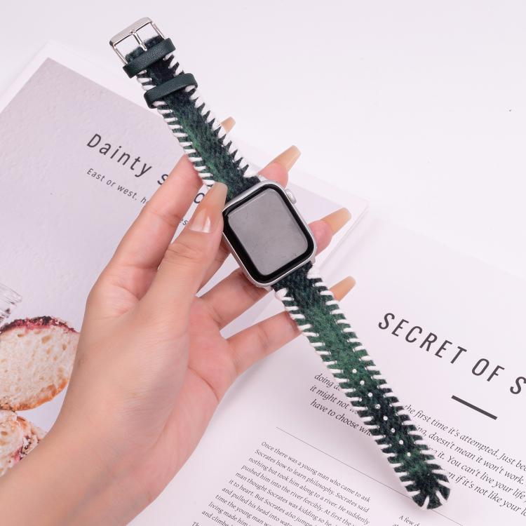 For Apple Watch 42mm / 41mm / 40mm / 38mm Retro Stitched Wool Genuine Leather Watch Band(Green) - free shipping - PMc TechLife - Order now!
