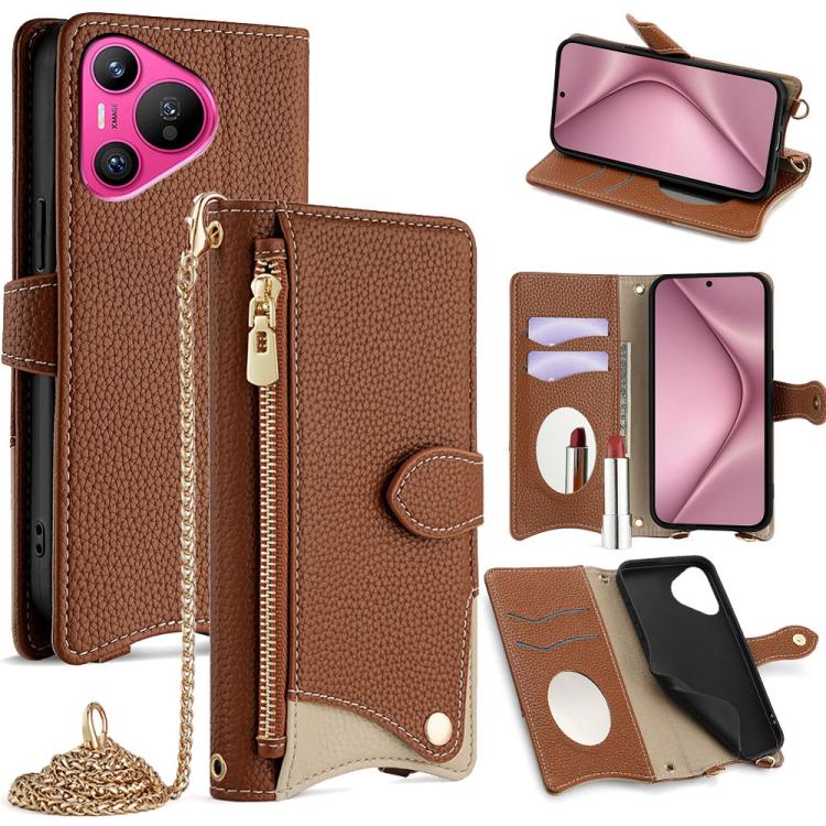 For Huawei Pura 70 Crossbody Chain Fishtail Litchi Leather Phone Case(Brown) - Huawei Cases by PMC TechLife | Online Shopping South Africa | PMC TechLife | Buy Now Pay Later Mobicred