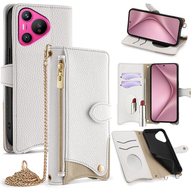 For Huawei Pura 70 Crossbody Chain Fishtail Litchi Leather Phone Case(White) - Huawei Cases by PMC TechLife | Online Shopping South Africa | PMC TechLife | Buy Now Pay Later Mobicred