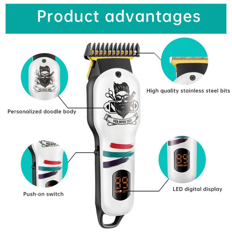 VGR V-971 Graffiti Design LED Digital Display USB Electric Hair Clipper(White) - free shipping - PMC TechLife - Order now!