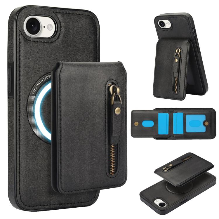 For iPhone 16e Zipper Wallet Split MagSafe Leather Back Phone Case(Black) - iPhone 16e Cases by PMC TechLife | Online Shopping South Africa | PMC TechLife | Buy Now Pay Later Mobicred