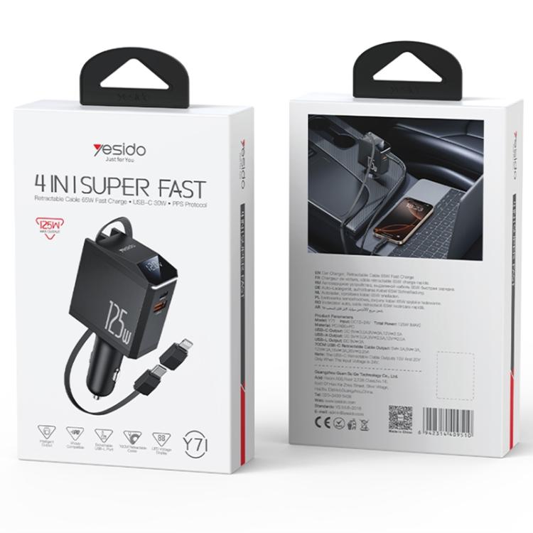 Yesido Y71 125W Type-C + 8 Pin Retractable Cable 3 in 1 Car Charger(Black) - free shipping - PMC TechLife - Order now!