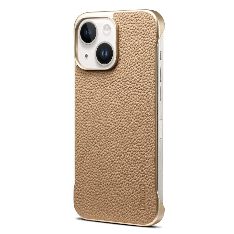 For iPhone 15 Plus / 14 Plus Denior A20 Genuine Leather Litchi Texture MagSafe Frameless Phone Case(Khaki) - free shipping - PMc TechLife - Order now!