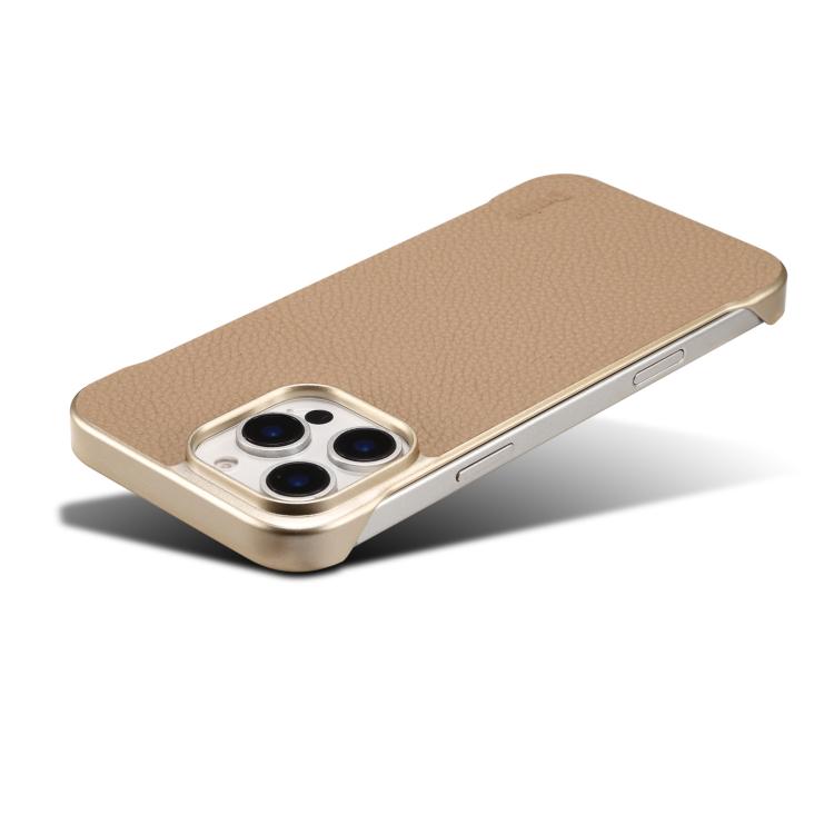 For iPhone 15 Pro Denior A20 Genuine Leather Litchi Texture MagSafe Frameless Phone Case(Khaki) - free shipping - PMc TechLife - Order now!