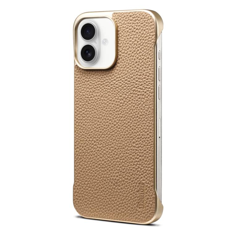 For iPhone 16 Plus Denior A20 Genuine Leather Litchi Texture MagSafe Frameless Phone Case(Khaki) - free shipping - PMc TechLife - Order now!