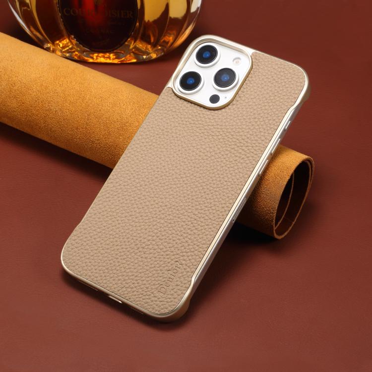 For iPhone 16 Plus Denior A20 Genuine Leather Litchi Texture MagSafe Frameless Phone Case(Khaki) - free shipping - PMc TechLife - Order now!
