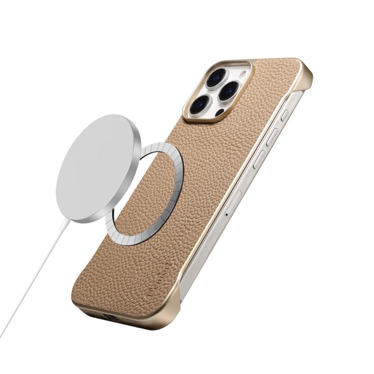 For iPhone 16 Plus Denior A20 Genuine Leather Litchi Texture MagSafe Frameless Phone Case(Khaki) - free shipping - PMc TechLife - Order now!
