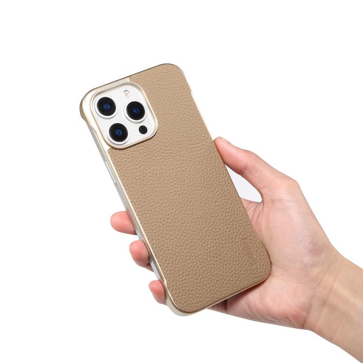 For iPhone 16 Plus Denior A20 Genuine Leather Litchi Texture MagSafe Frameless Phone Case(Khaki) - free shipping - PMc TechLife - Order now!