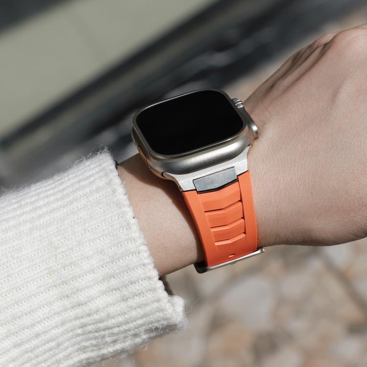 For Apple Watch Ultra / Ultra 2 49mm Stainless Steel Buckle Fluororubber Watch Band(Orange Silver) - free shipping - PMC TechLife - Order now!