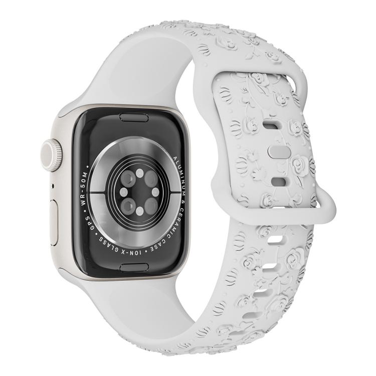 For Apple Watch 46mm / 49mm / 45mm / 44mm Embossed 3D Rose Flower Silicone Watch Band(White) - free shipping - PMc TechLife - Order now!